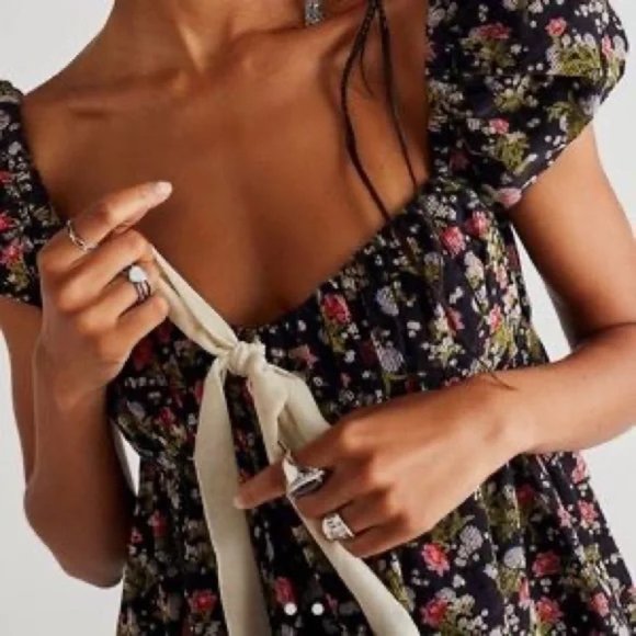 NEW Free People Gaia Printed Tunic Lilac Floral Corduroy Bow Floral Mini Dress - Picture 6 of 7